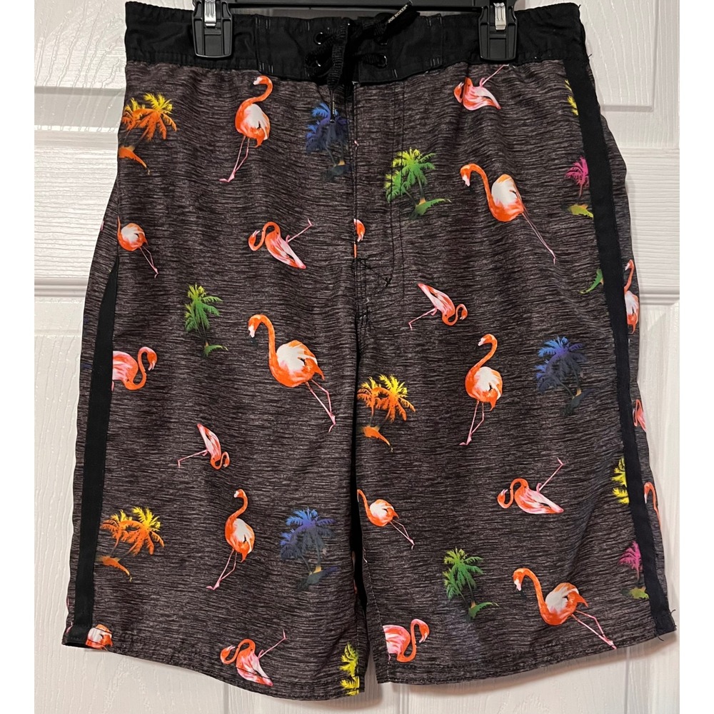 Joe Boxer Mens Flamingo Palm Tree Swim Trunks Gray‎ Tropical Board Shorts Small